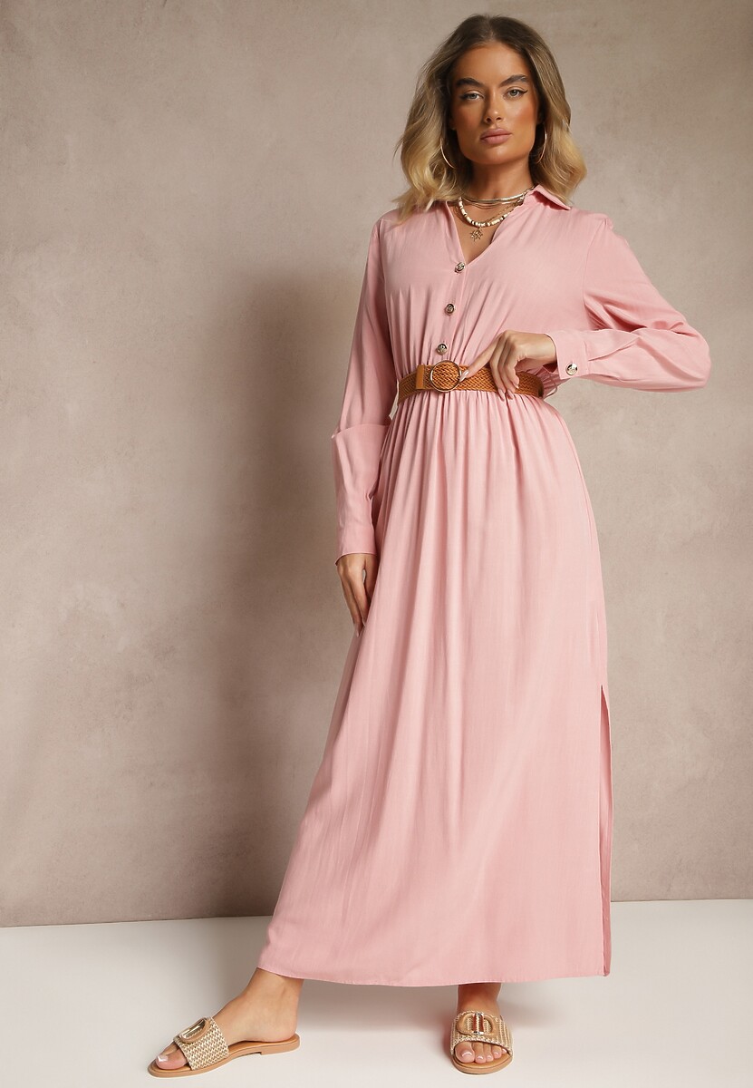 Beżowa Wiskozowa Sukienka o Rozkloszowanym Kroju z Paskiem i Rozcięciem Reirissa