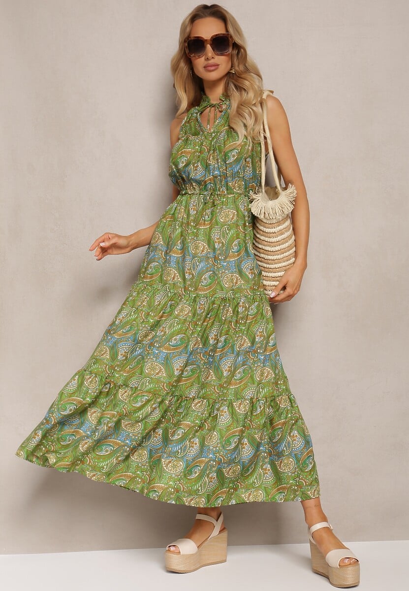 Zielona Sukienka w Stylu Boho Bez Rękawów z Gumką w Pasie i Wiązaniem przy Dekolcie Yisa