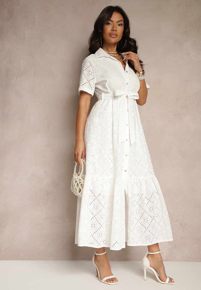 Biała Koszulowa Sukienka z Wiązanym Paskiem z Bawełnianej Tkaniny z Haftem Efrilea