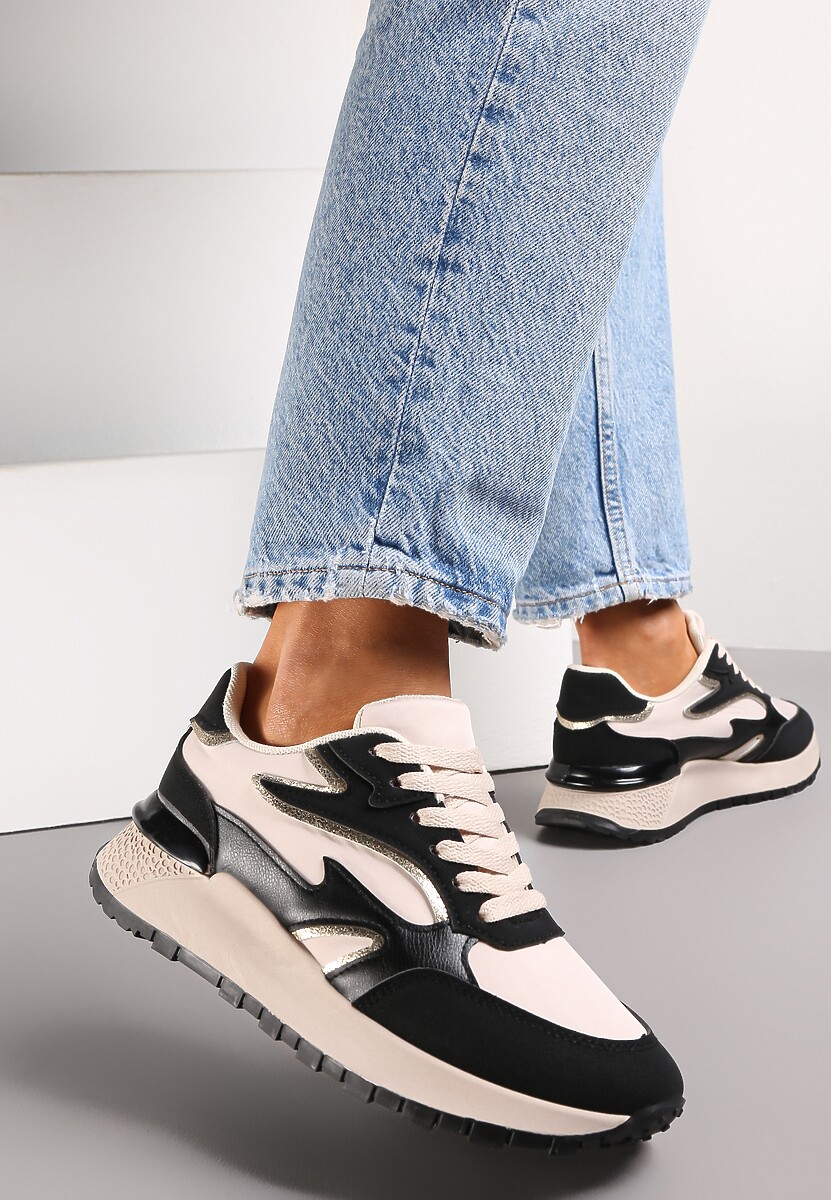 Czarne Sznurowane Sneakersy na Grubej Podeszwie Kylynn