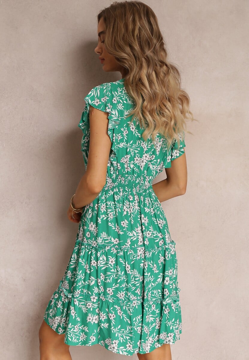 Zielona Rozkloszowana Sukienka z Wiskozy i Falbankami Brindisi