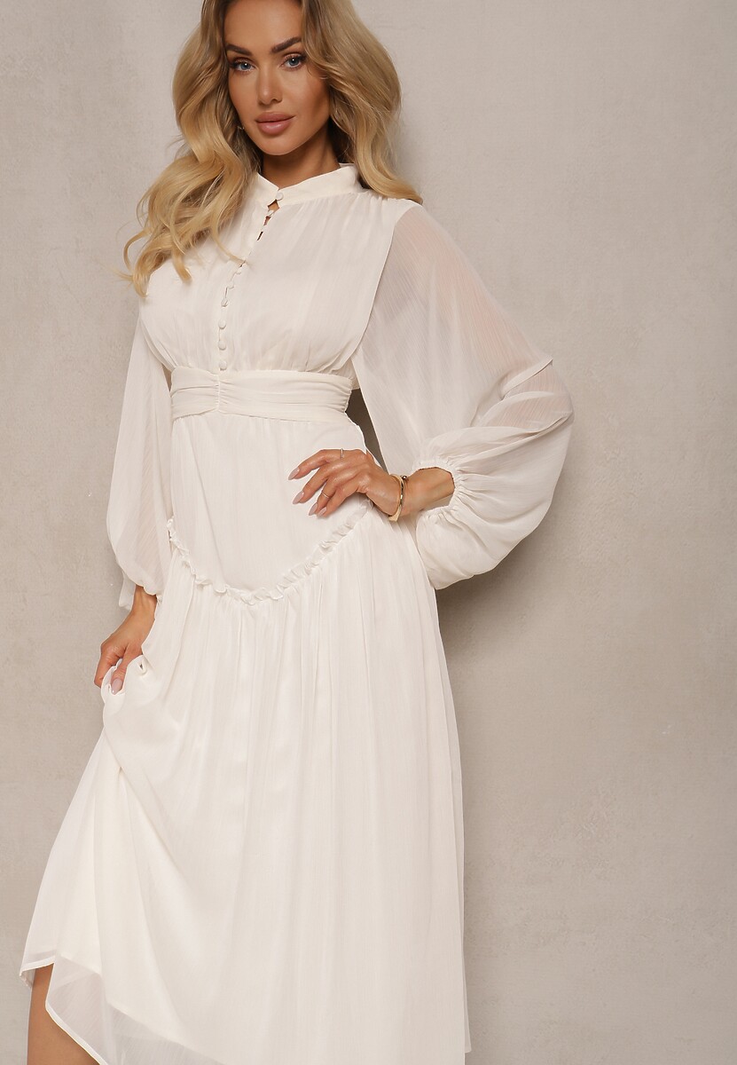 Jasnobeżowa Elegancka Sukienka w Stylu Vintage z Powlekanymi Guzikami i Marszczeniami Lefandia