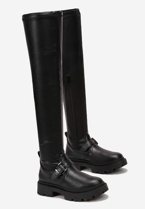 Czarne Kozaki za Kolano na Grubej Podeszwie Ismara