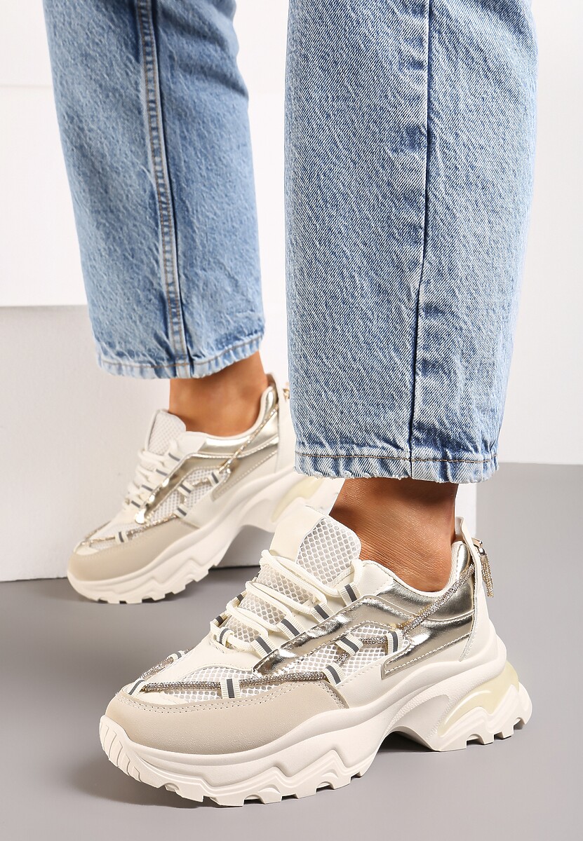 Beżowe Sneakersy z Metalicznymi Wstawkami na Niskiej Platformie z Ozdobnym Sznurkiem Oiriema