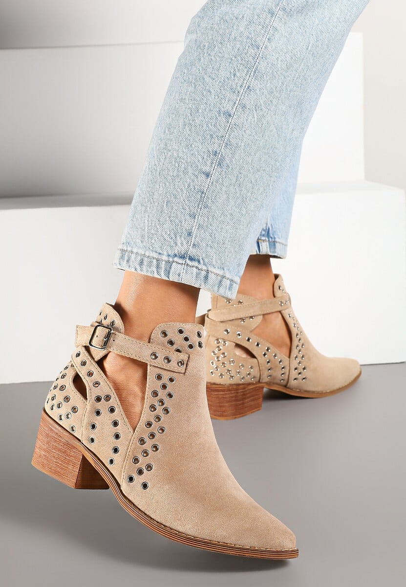 Beżowe Botki Vices na Słupku w Stylu Kowbojek z Metalicznymi Aplikacjami i Wycięciami Virori