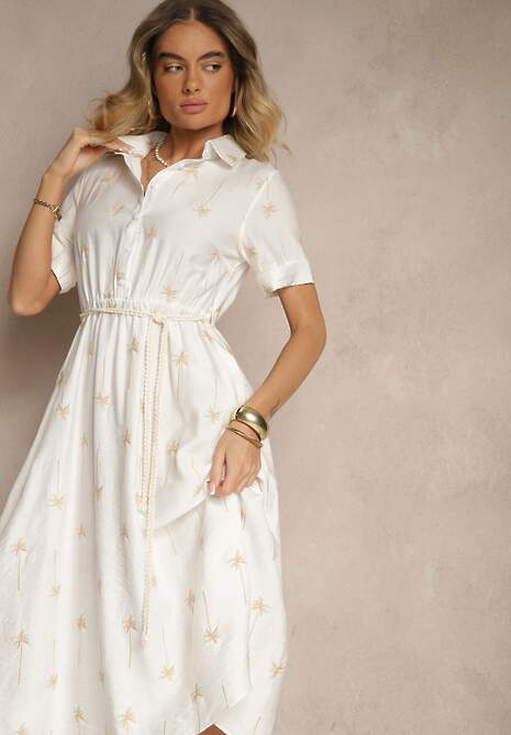 Biała Koszulowa Sukienka z Wiskozy o Rozkloszowanym Kroju z Wiązaniem Liselithra