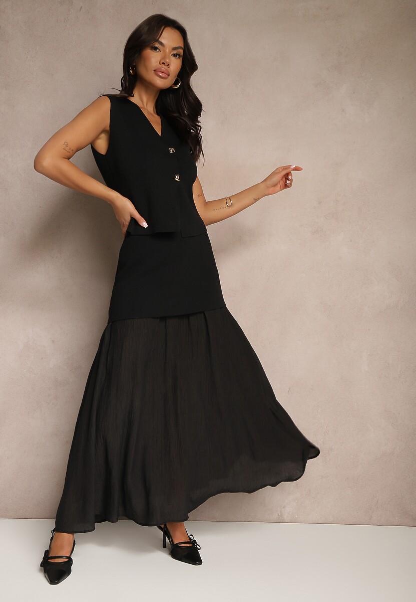 Bordowy Komplet z Wiskozą Spódnica o Rozkloszowanym Kroju i Kamizelka Ozdobiona Guzikami Felilya