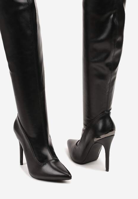 Czarne Kozaki Vices na Szpilce z Dopasowaną Cholewką za Kolano Tadvira