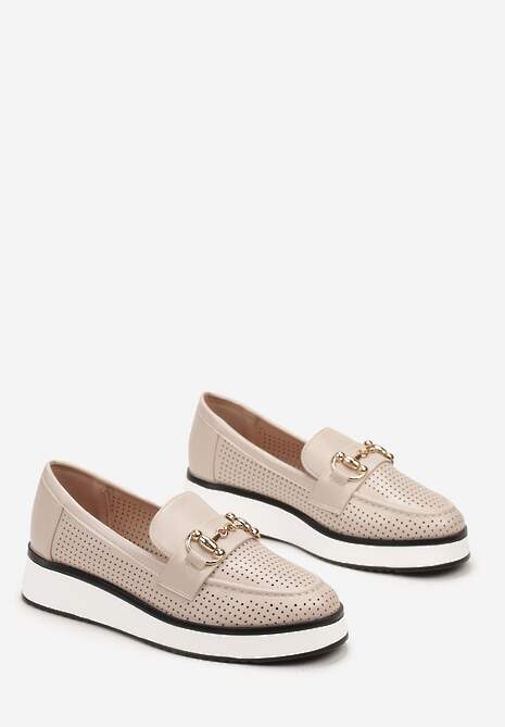 Beżowe Ażurowe Mokasyny z Ekoskóry na Grubej Podeszwie z Metaliczną Klamrą Valesin
