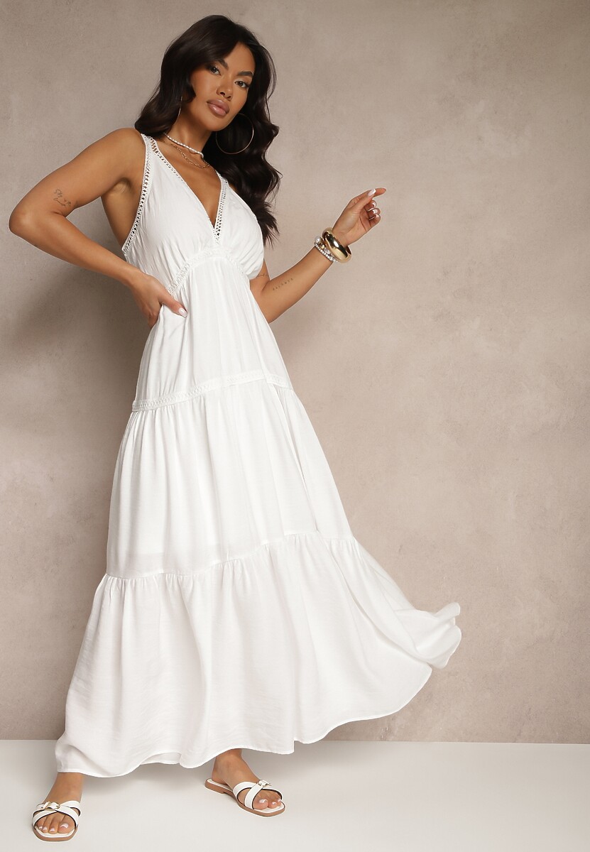 Biała Sukienka z Wiskozą Ozdobiona Szydełkowym Motywem Mevelta