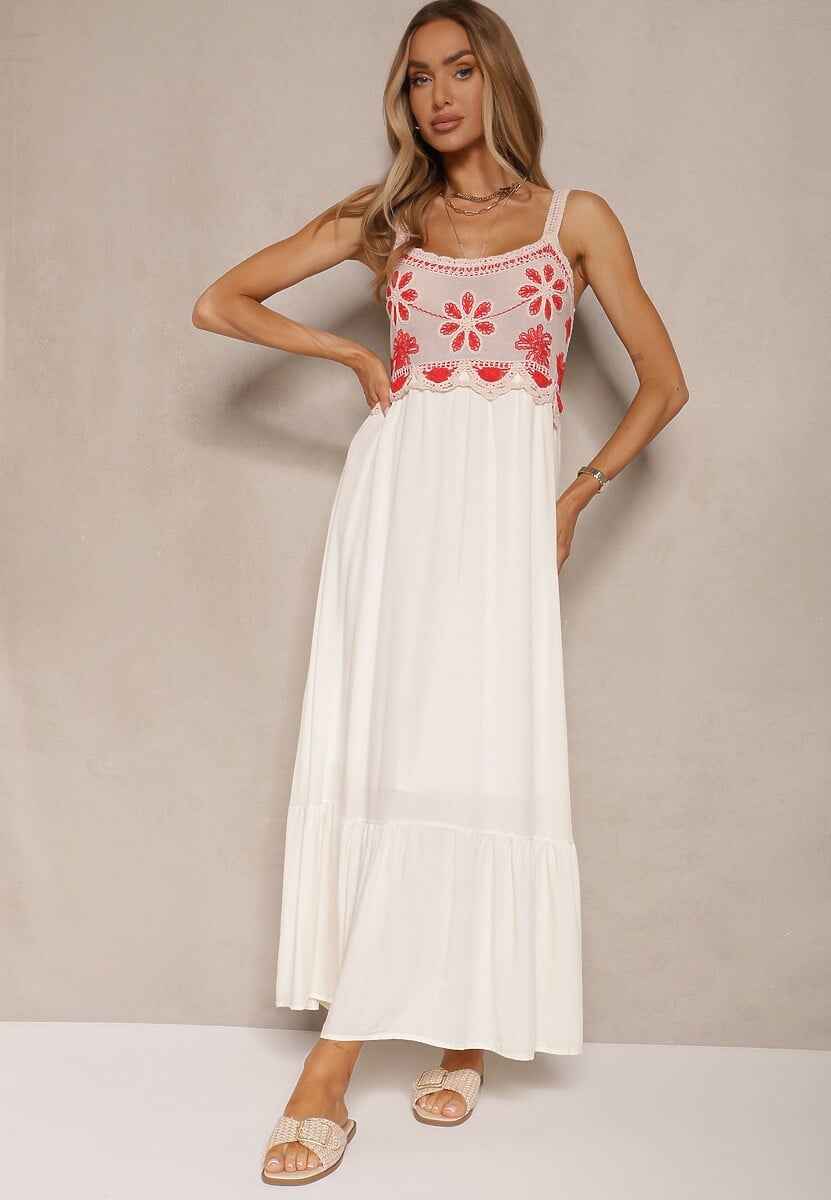 Niebieska Sukienka z Wiskozy Ozdobiona Haftem Rinastra