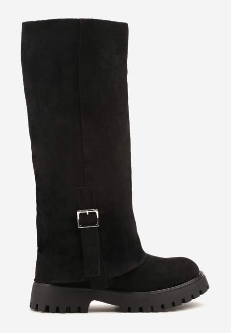 Czarne Kozaki Ozdobione Klamrą i Wywiniętą Cholewką Laticea