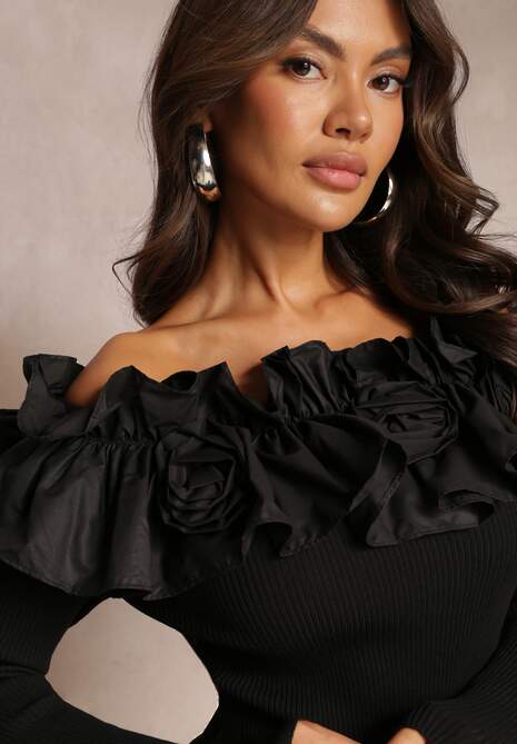 Czarna Hiszpanka Sukienka Mini z Falbankami i Kwiatami Balinorre