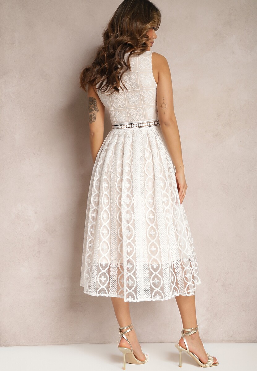 Jasnobeżowa Plisowana Sukienka na Ramiączkach z Ozdobnym Wzorem i Suwakiem Mirilla