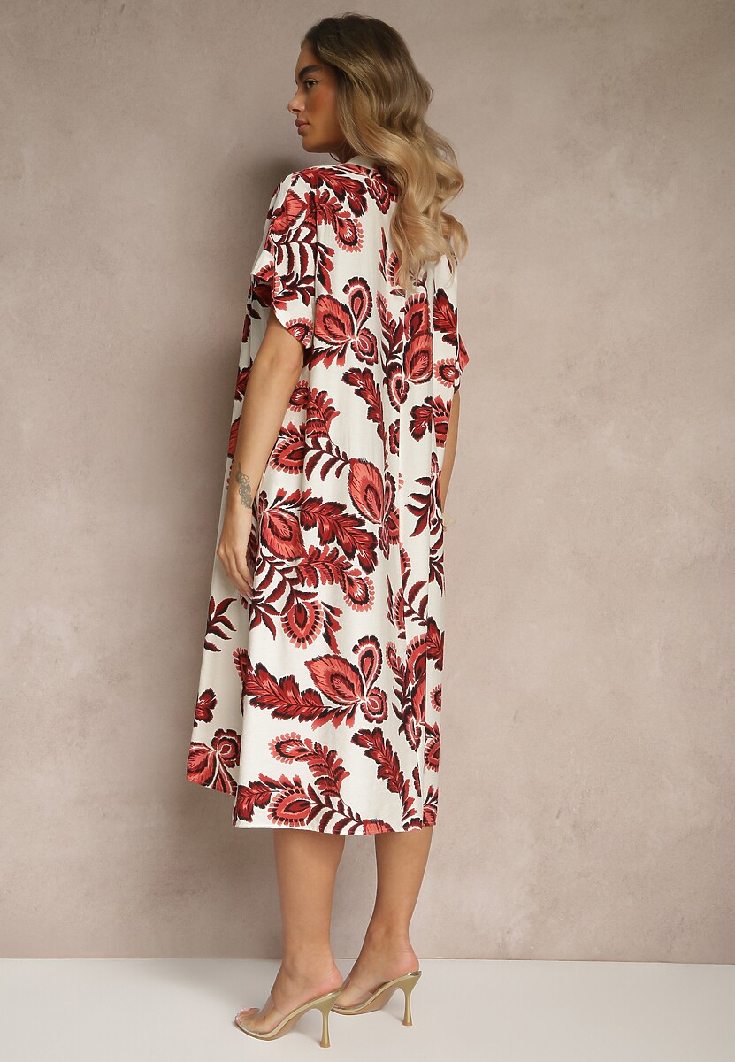 Bordowa Sukienka z Lnem i Wiskozą w Etniczne Kwiaty o Pudełkowym Kroju Natireia
