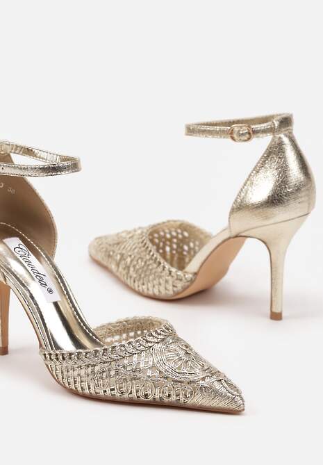 Złote Sandały na Szpilce z Plecioną Cholewką Finlexia