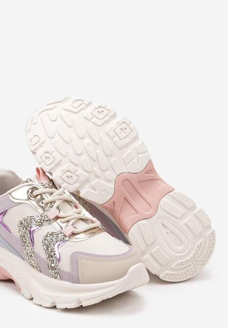 Jasnobeżowe Sznurowane Sneakersy na Platformie Ozdobione Brokatem Betira