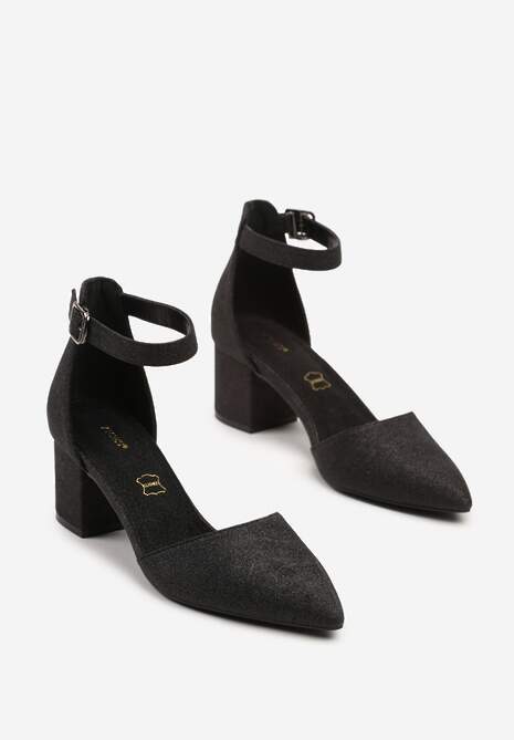 Czarne Czółenka Vices Ozdobione Brokatem na Słupku ze Skórzaną Wkładką Ozdobione Brokatem Leanelith