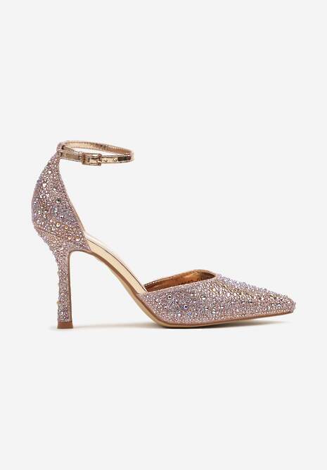 Szampańskie Szpilki Ozdobione Brokatem i Cyrkoniami Zapinane Wokół Kostki Kelnena