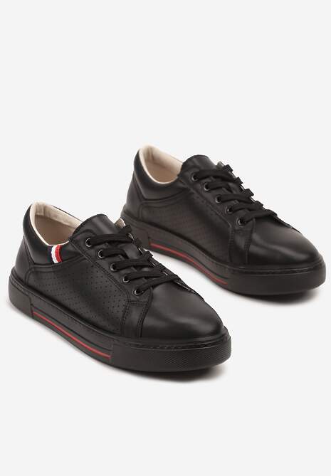 Czarne Sneakersy Tenisówki ze Skóry Naturalnej Zdobione Perforacją Tillirene