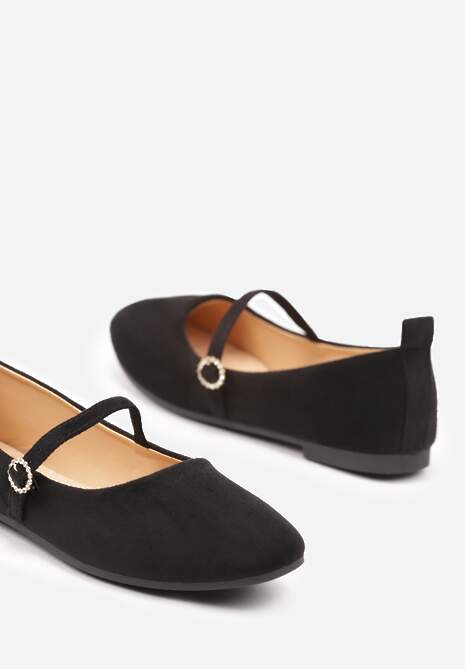 Czarne Balerinki Zapinane na Sprzączkę z Wkładką ze Skóry Derilia