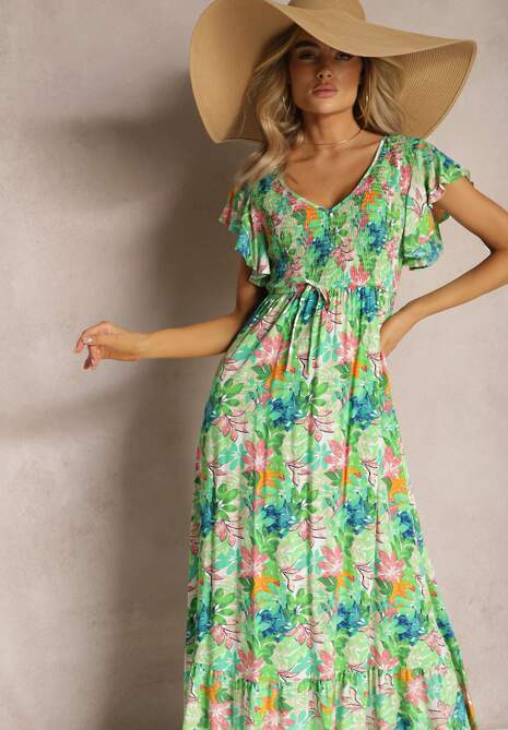 Zielona Długa Sukienka w Kwiaty z Gumką w Pasie Liumbia