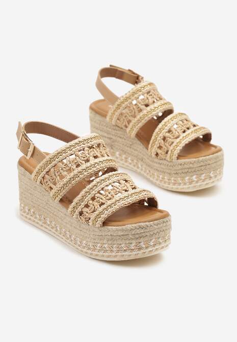 Beżowe Sandały na Plecionym Koturnie z Wycięciami i Sprzączką Liaorine