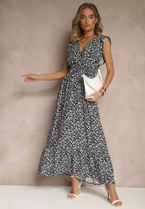 Granatowa Rozkloszowana Sukienka Zdobiona Falbanami i Kwiatowym Printem Aravee