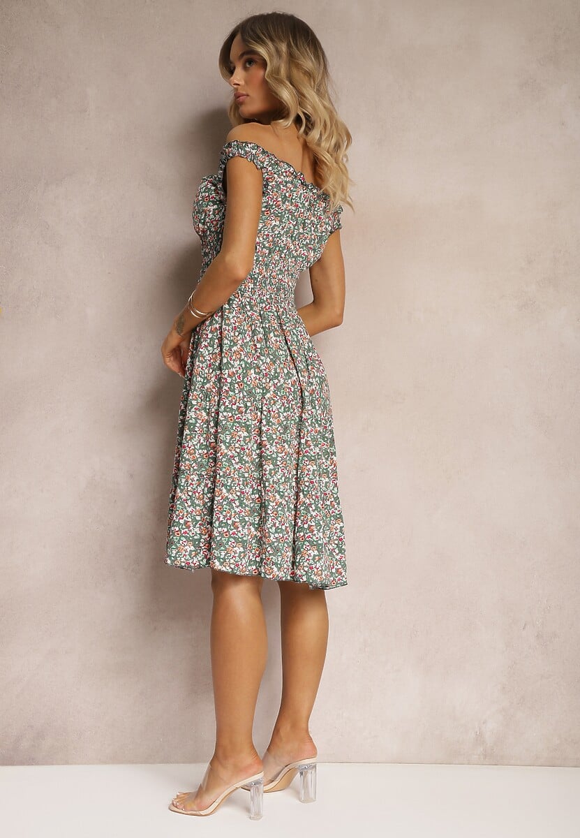 Zielono-Różowa Taliowana Sukienka Bawełniana o Rozkloszowanym Kroju z Gumką w Pasie Nelyssa