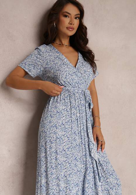 Niebieska Rozkloszowana Sukienka z Wiązanym Paskiem i Ozdobną Falbanką Holm