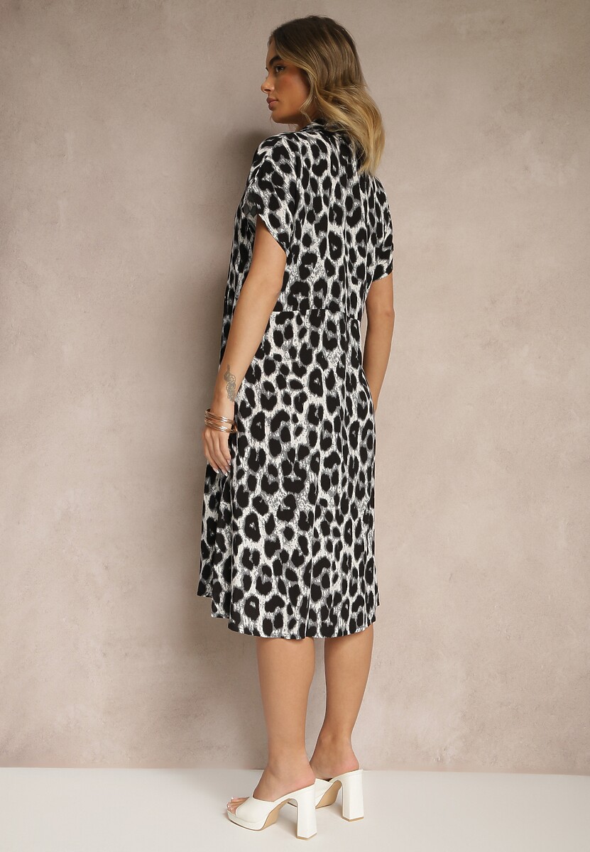 Szaro-Czarna Koszulowa Sukienka z Bawełny w Panterkowy Print Iffiera