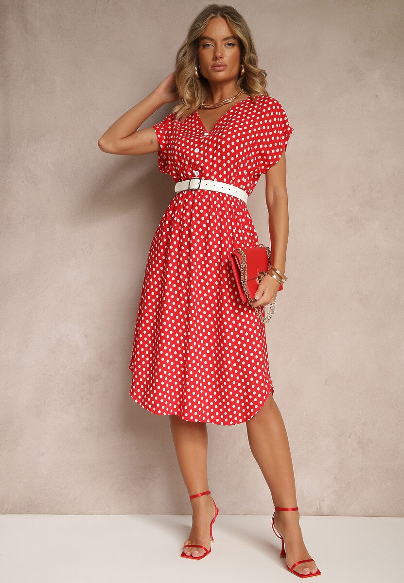 Czerwona Sukienka z Bawełny o Rozkloszowanym Kroju z Gumką w Talii Emilla