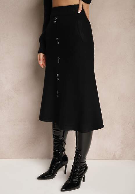 Czarna Spódnica z Dodatkiem Wełny o Rozkloszowanym Kroju z Guzikami Tirezi