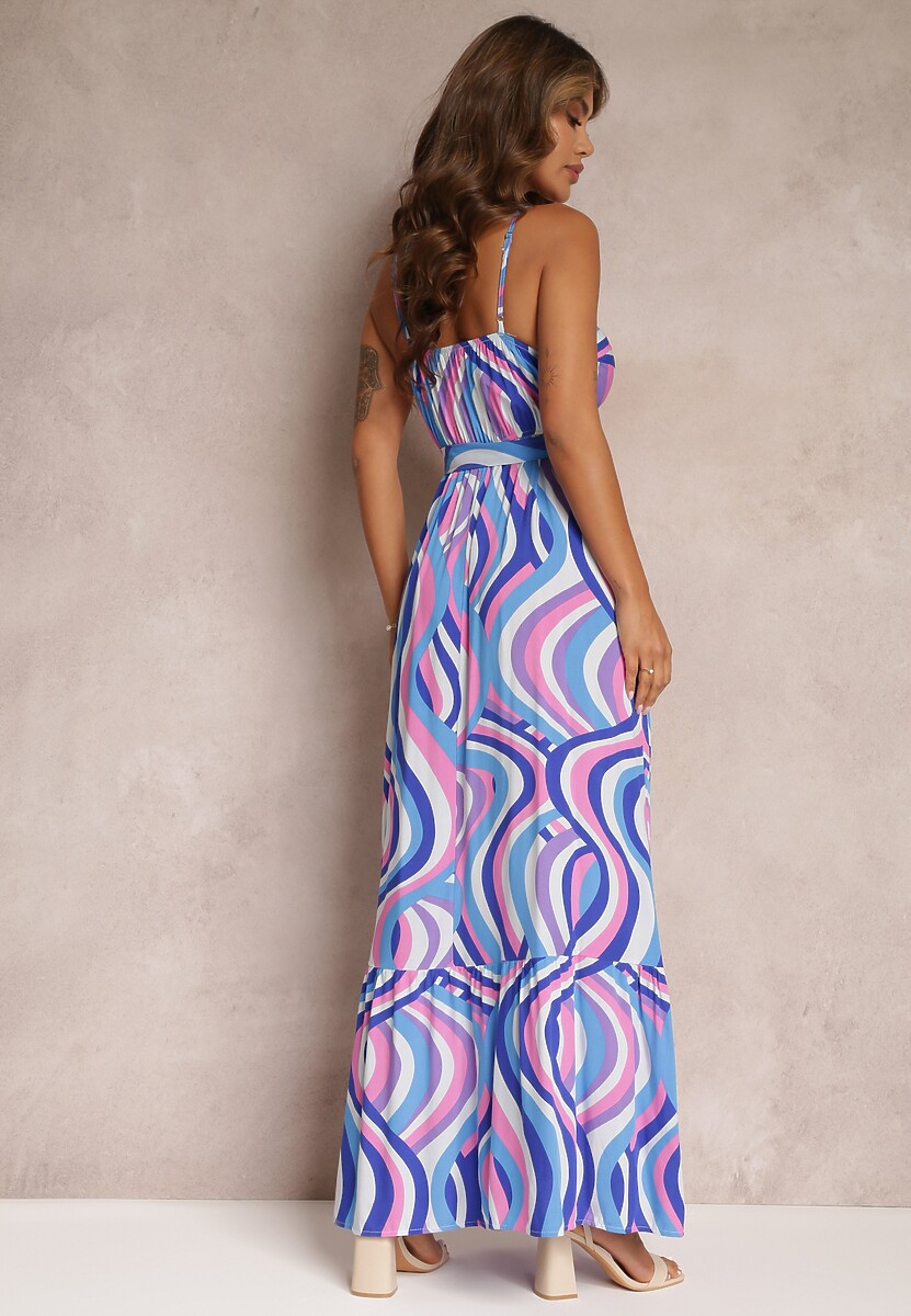 Niebieska Rozkloszowana Sukienka Maxi z Wiskozy z Gumką w Pasie i Kopertowym Dekoltem Mailen