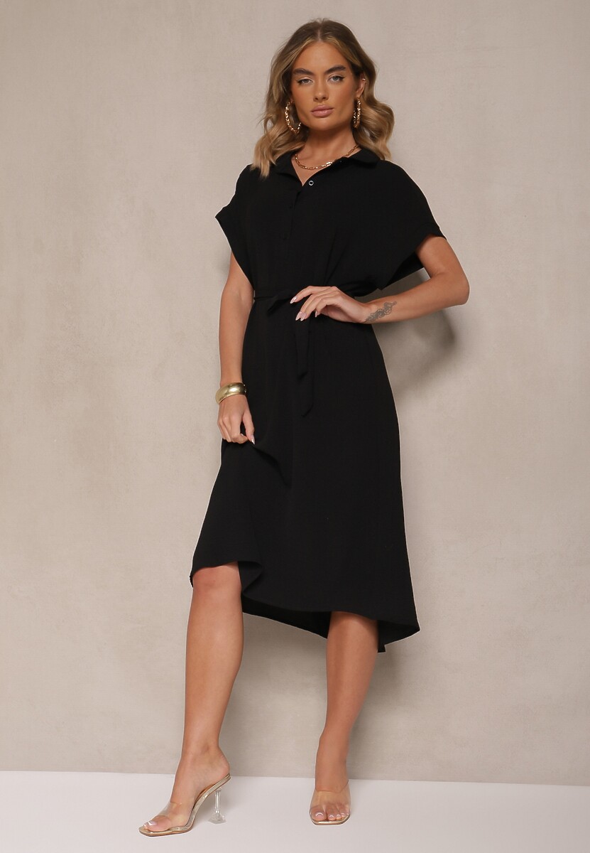 Czarna Pudełkowa Sukienka z Bawełną i Paskiem Savorienne