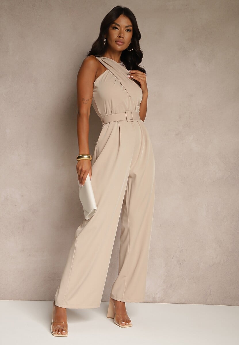 Beżowy Kombinezon z Paskiem z Klamrą i Marszczeniem Dolavelle