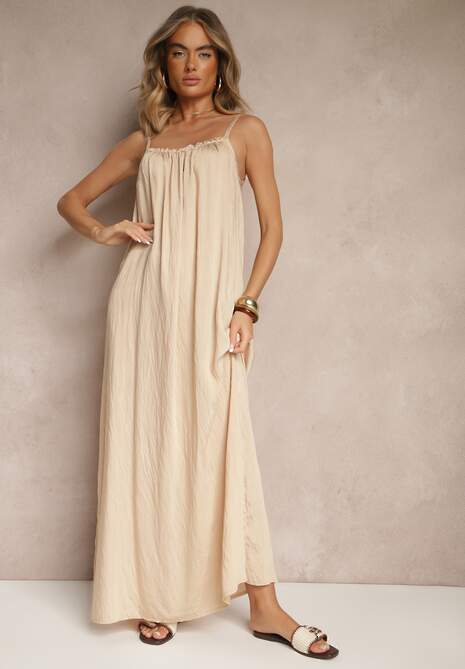 Beżowa Sukienka o Rozkloszowanym Kroju z Elastycznym Dekoltem Revore