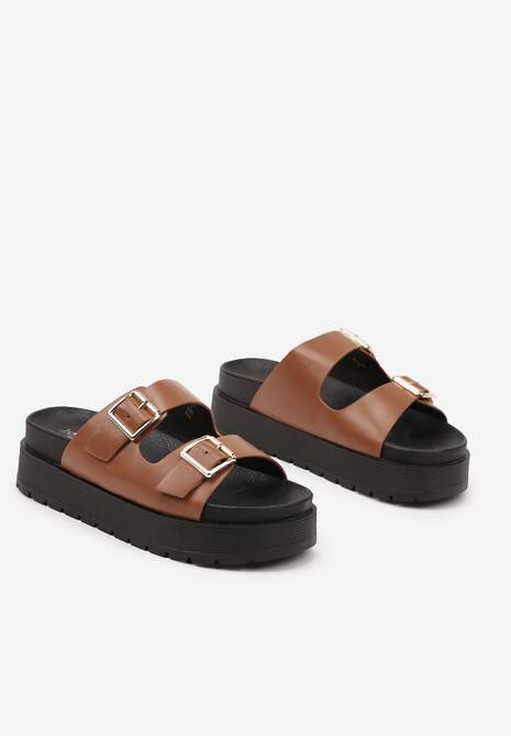 Brązowe Klapki  na Platformie z Paskami ze Sprzączkami Kaliora