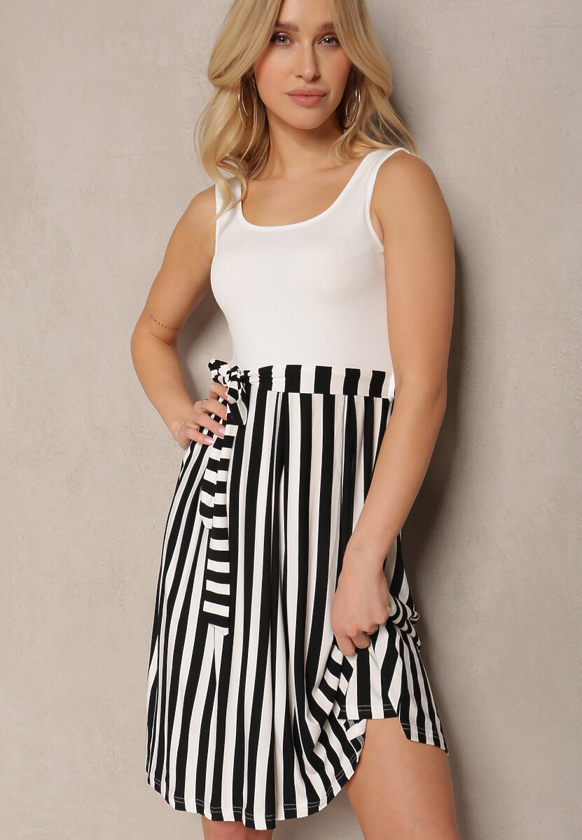 Biało-Czarna Sukienka z Wiskozy na Ramiączkach z Materiałowym Paskiem w Talii Fulenna