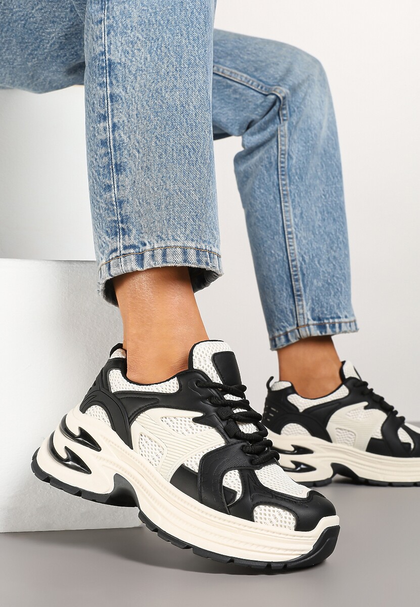 Czarno-Beżowe Sneakersy na Platformie z Tłoczeniem i Geometrycznym Wzorem Melvila