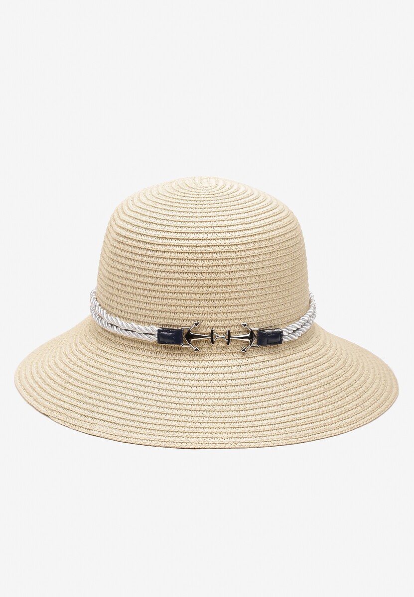 Beżowy Kapelusz z Naturalnej Plecionki Typu Bucket z Ozdobną Klamerką z Kotwicami Priscenella
