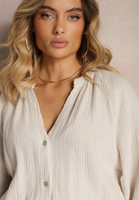 Jasnobeżowy Kombinezon z Bawełny ze Spódnico-Spodenkami i Guzikami oraz Gumką w Talii Vimatthea