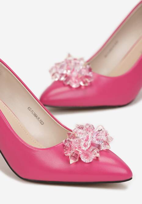 Fuksjowe Czółenka na Słupku z Wkładką ze Skóry Naturalnej Reyusa