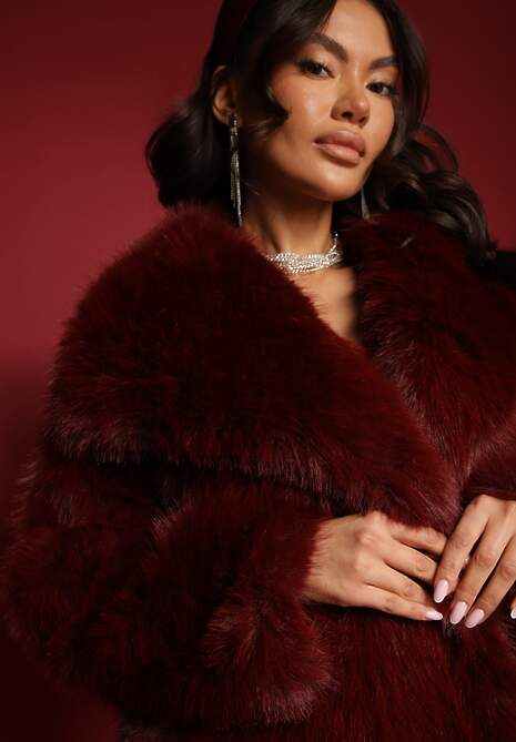 Bordowa Klasyczna Kurtka Futerko z Szerokim Kołnierzem Sannithra