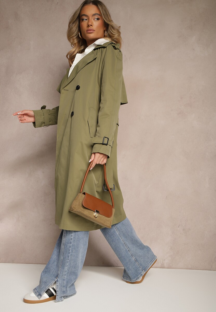 Ciemnozielony Klasyczny Płaszcz Trencz z Wiskozą o Dwurzędowym Kroju z Paskiem Mokaia