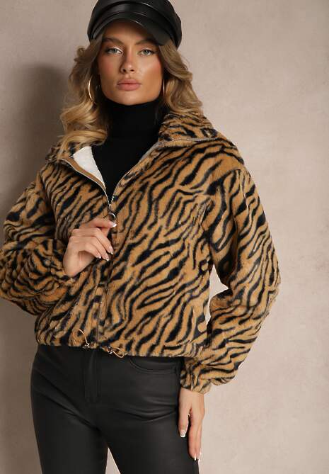 Beżowa Kurtka Futerko w Zebrowy Print ze Ściągaczem i Kieszeniami Felremi