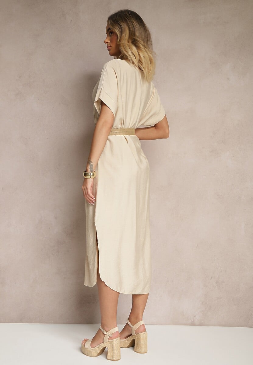 Beżowa Pudełkowa Sukienka z Wiskozy z Dekoltem V Paskiem i Rozcięciami po Bokach Soniloria