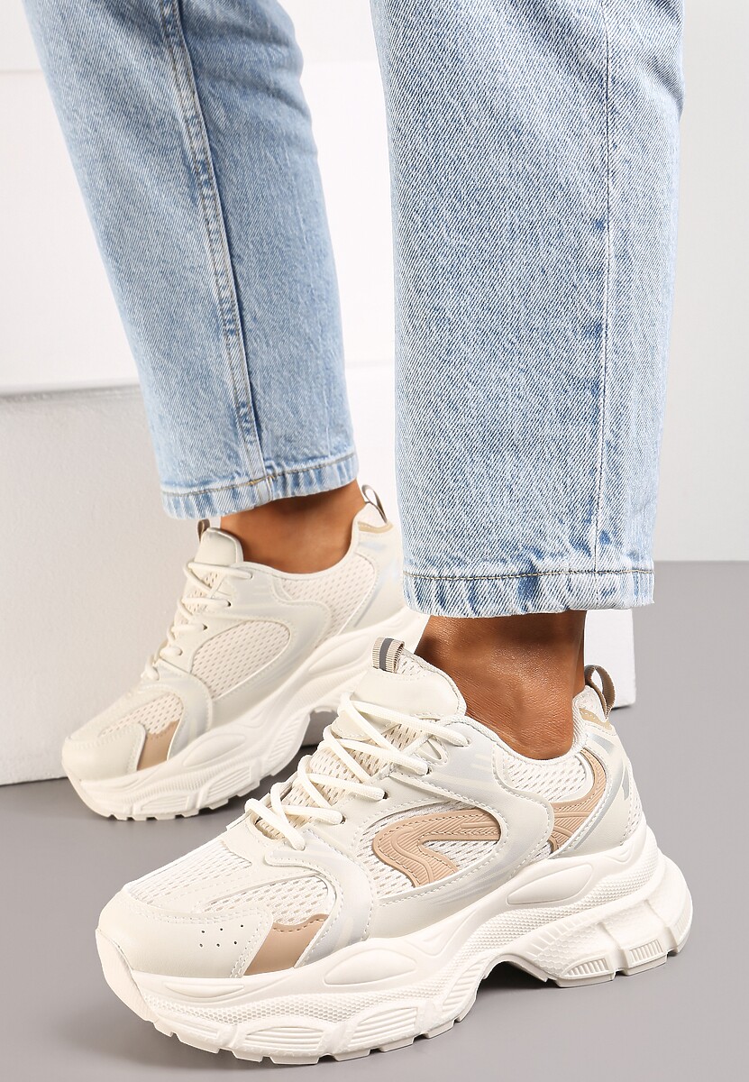 Beżowe Sneakersy na Masywnej Podeszwie z Siateczką Kubbia