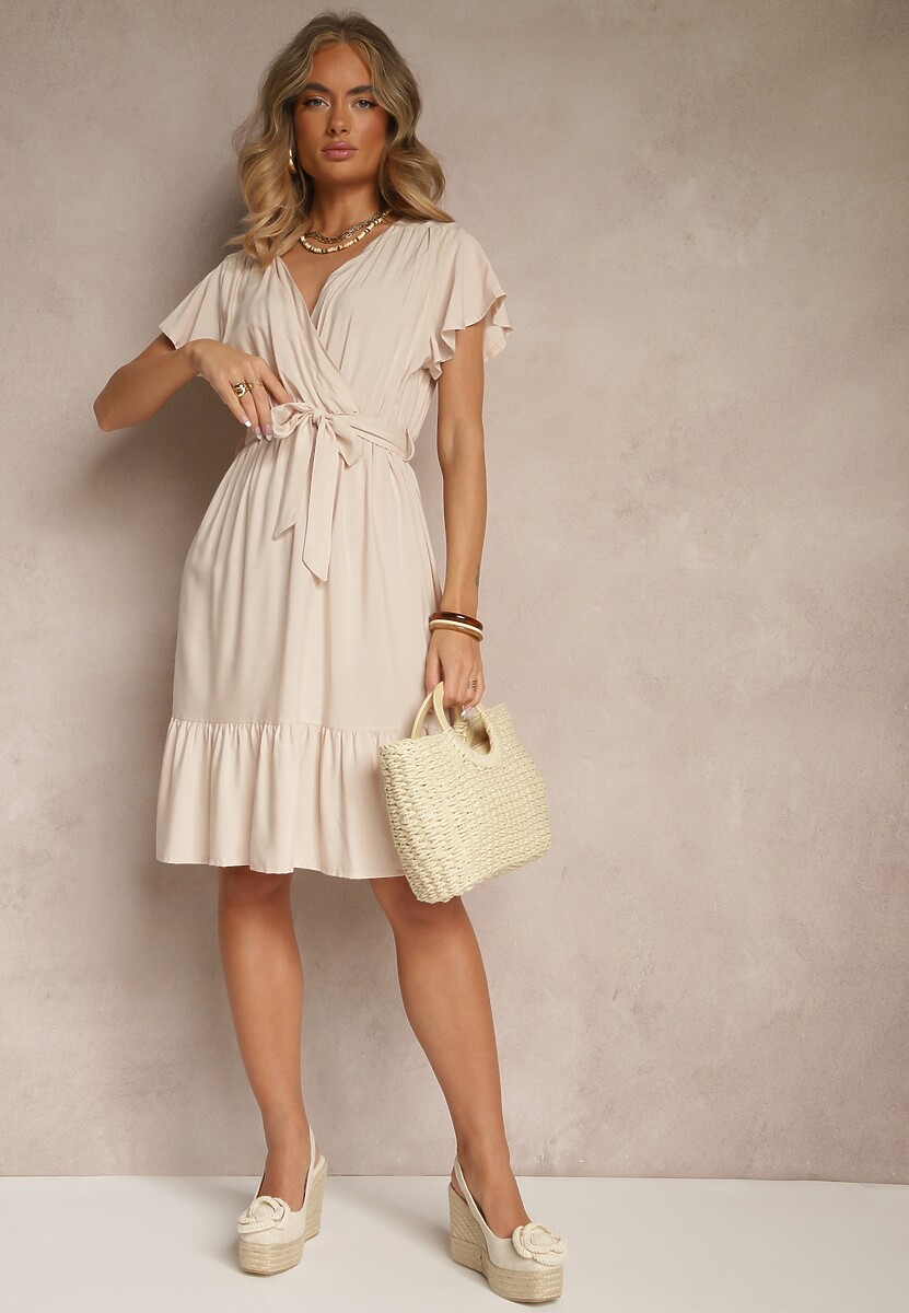 Beżowa Kopertowa Sukienka z Wiskozy Ozdobiona Paskiem Lanestea