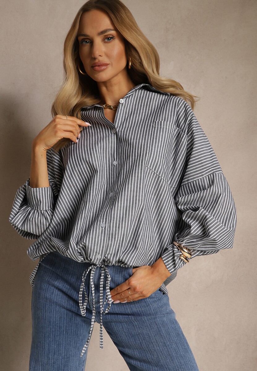 Ciemnoszara Koszula z Bawełny o Kroju Oversize w Prążki ze Ściągaczem w Pasie Neoritia